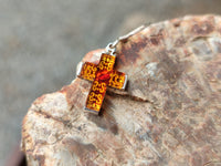 Polished Pair of Baltic Amber Cross Carved Earrings In Sterling Silver - Sold Per Pair - From Poland