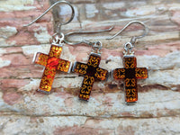 Polished Pair of Baltic Amber Cross Carved Earrings In Sterling Silver - Sold Per Pair - From Poland