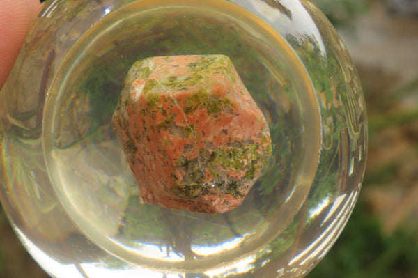 Polished Pink and Green Unakite cobbed piece in PVC Resin Paperweight Sphere - sold per item - From South Africa