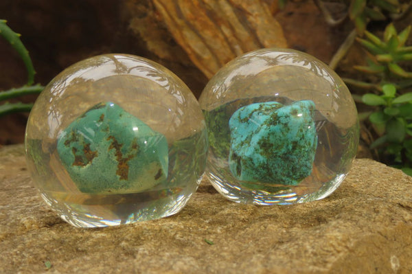 Polished Blue Chrysocolla cobbed piece in PVC Resin Paperweight Sphere - sold per item - From Namibia