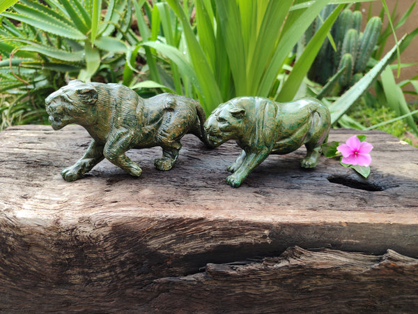 Hand Made Green Verdite Lion Carvings x 2 From Zimbabwe