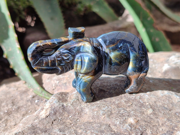 Polished Blue and Gold Variegated Tigers Eye Elephant Carving - sold per item - From South Africa