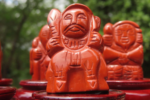 Polished Red Jasper Far Eastern Carved Gods on Wooden Stands - sold per Set of 7 - From South Africa