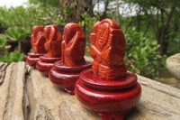 Polished Red Jasper Far Eastern Carved Gods on Wooden Stands - sold per Set of 7 - From South Africa