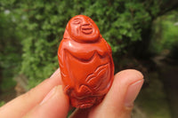 Polished Red Jasper Far Eastern Carved Gods on Wooden Stands - sold per Set of 7 - From South Africa