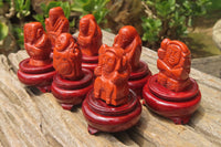 Polished Red Jasper Far Eastern Carved Gods on Wooden Stands - sold per Set of 7 - From South Africa