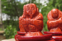 Polished Red Jasper Far Eastern Carved Gods on Wooden Stands - sold per Set of 7 - From South Africa