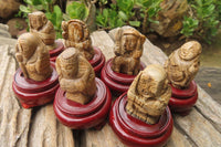 Polished Picture Stone Jasper Far Eastern Carved Gods on Wooden Stands - sold per Set of 7 - From South Africa