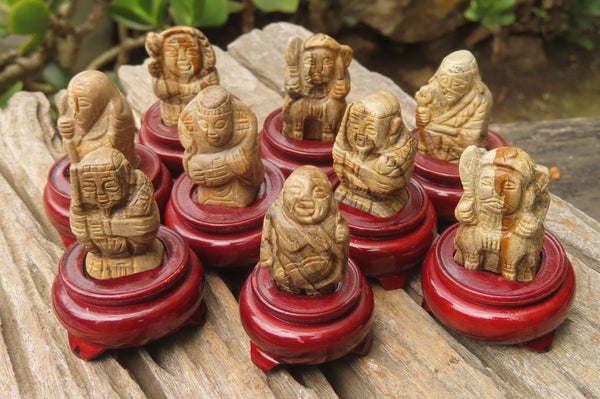 Polished Picture Stone Jasper Far Eastern Carved Gods on Wooden Stands - sold per Set of 7 - From South Africa