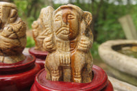 Polished Picture Stone Jasper Far Eastern Carved Gods on Wooden Stands - sold per Set of 7 - From South Africa