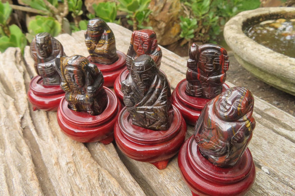 Polished Tiger Iron Far Eastern Carved Gods on Wooden Stands - sold per Set of 7 - From Australia