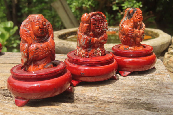 Polished Brecciated Jasper Far Eastern Carved Gods on Wooden Stands - sold per Set of 7 - From South Africa