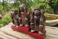 Hand Made Tiger Iron Jasper Monkey Carvings x 3 From Australia