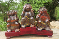 Hand Made Tiger Iron Jasper Monkey Carvings x 3 From Australia