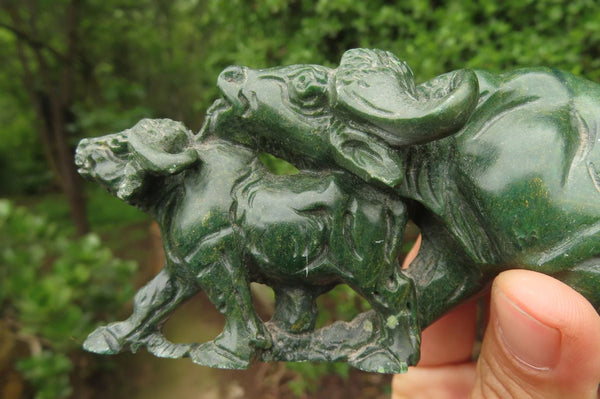 Hand Made Green Verdite Buffalo Carvings x 2 From Zimbabwe