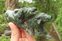 Hand Made Green Verdite Buffalo Carvings x 2 From Zimbabwe