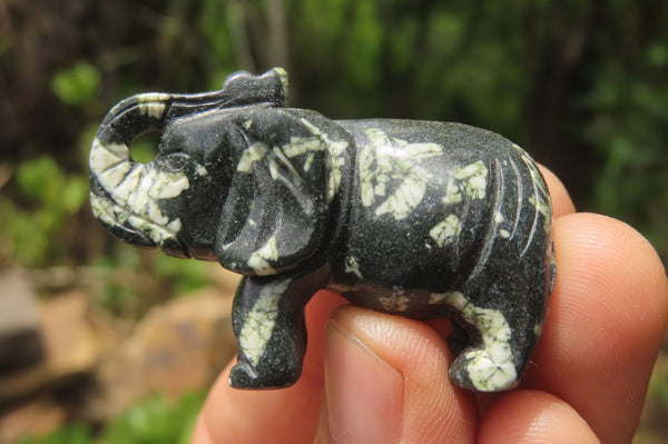 Polished Small Basalt Mint Amygdale Elephant Carving - sold per item - From South Africa