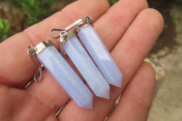 Polished Blue Lace Agate Crystal Point set in Sterling Silver Pendant - sold per item - From Namibia