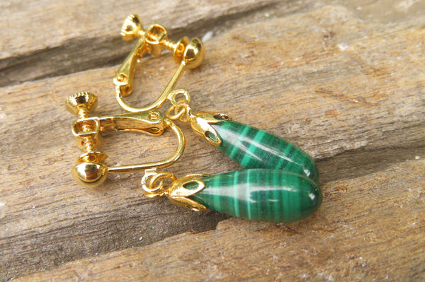 Polished Pair of Malachite Drop Clip On Earrings - Sold Per Pair - From Congo