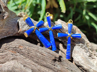 Polished Lapis Lazuli Cross Pendants with Brass Clasp and Trim - Sold Per Item - From Afghanistan