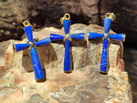 Polished Lapis Lazuli Cross Pendants with Brass Clasp and Trim - Sold Per Item - From Afghanistan