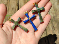 Polished Lapis Lazuli Cross Pendants with Brass Clasp and Trim - Sold Per Item - From Afghanistan