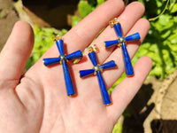 Polished Lapis Lazuli Cross Pendants with Brass Clasp and Trim - Sold Per Item - From Afghanistan