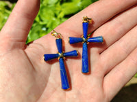 Polished Lapis Lazuli Cross Pendants with Brass Clasp and Trim - Sold Per Item - From Afghanistan