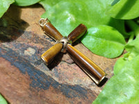 Polished Golden Tigers Eye Cross Pendants with Brass Clasp and Trim - Sold Per Item - From South Africa