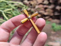 Polished Golden Tigers Eye Cross Pendants with Brass Clasp and Trim - Sold Per Item - From South Africa