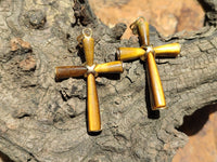 Polished Golden Tigers Eye Cross Pendants with Brass Clasp and Trim - Sold Per Item - From South Africa