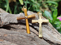 Polished Golden Tigers Eye Cross Pendants with Brass Clasp and Trim - Sold Per Item - From South Africa