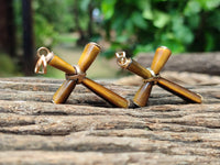 Polished Golden Tigers Eye Cross Pendants with Brass Clasp and Trim - Sold Per Item - From South Africa