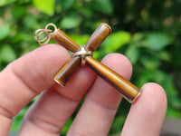 Polished Golden Tigers Eye Cross Pendants with Brass Clasp and Trim - Sold Per Item - From South Africa