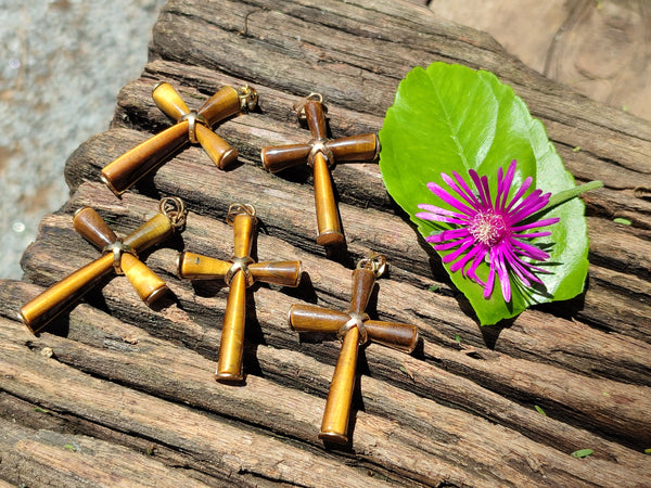 Polished Golden Tigers Eye Cross Pendants with Brass Clasp and Trim - Sold Per Item - From South Africa