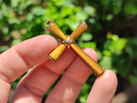 Polished Golden Tigers Eye Cross Pendants with Brass Clasp and Trim - Sold Per Item - From South Africa