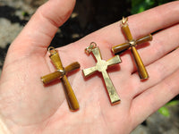 Polished Golden Tigers Eye Cross Pendants with Brass Clasp and Trim - Sold Per Item - From South Africa