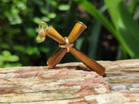 Polished Golden Tigers Eye Cross Pendants with Brass Clasp and Trim - Sold Per Item - From South Africa