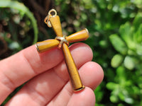 Polished Golden Tigers Eye Cross Pendants with Brass Clasp and Trim - Sold Per Item - From South Africa