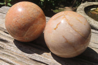 Polished Peach Moonstone Spheres x 2 From Madagascar