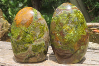 Polished Green Opal Standing Free Forms x 2 From Antsirabe, Madagascar