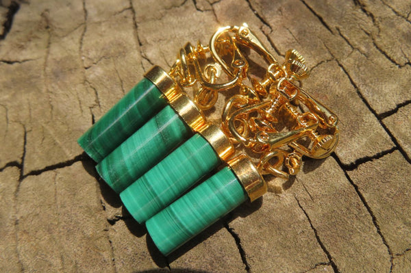 Polished Pair of Malachite Cylinder Clip On Earrings - Sold Per Pair - From Congo