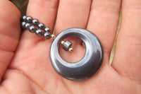 Polished Hematite Beaded Necklace with Donut Moon Pendant - Sold Per Item - From Southern Africa