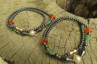 Polished Hematite, Carnelian, Aventurine and Freshwater Pearl Beaded Necklace - Sold Per Item - From Southern Africa