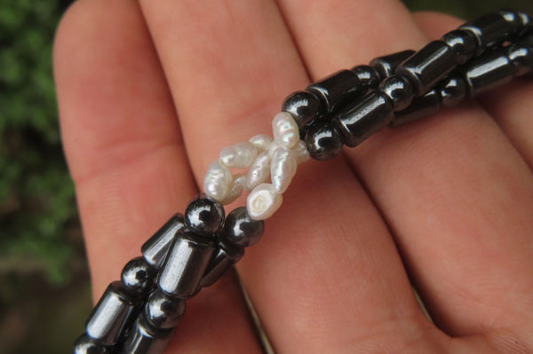 Polished Hematite and Freshwater Pearl Triple Twisted Beaded Necklace - Sold Per Item - From Southern Africa