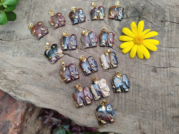 Polished Banded Tiger Iron Jasper Elephant Pendant with 9ct Gold Bail and Trim - Sold Per Item - From Australia