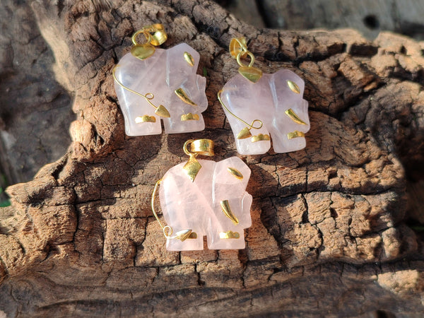 Polished Rose Quartz Elephant Pendant with 9ct Gold Bail and Trim - Sold Per Item - From South Africa