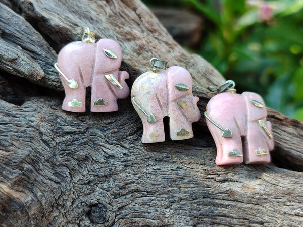 Polished Rhodonite Pink Elephant Pendant with Silver Bail and Trim - Sold Per Item - From Madagascar