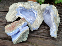 Natural Blue Lace Agate Geode Specimens x 3 From Malawi