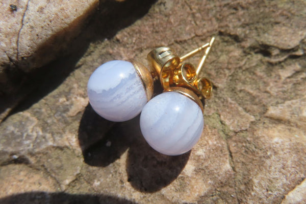 Polished Pair of Blue Lace Agate Stud Earrings - sold per Pair - From Namibia